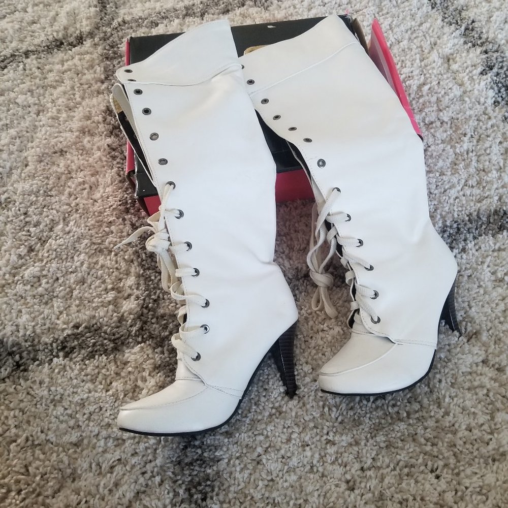 White Knee High Boots With Stilleto Heel